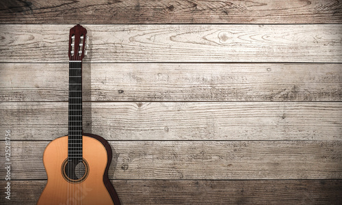 3d rendering classical guitar near wooden wall