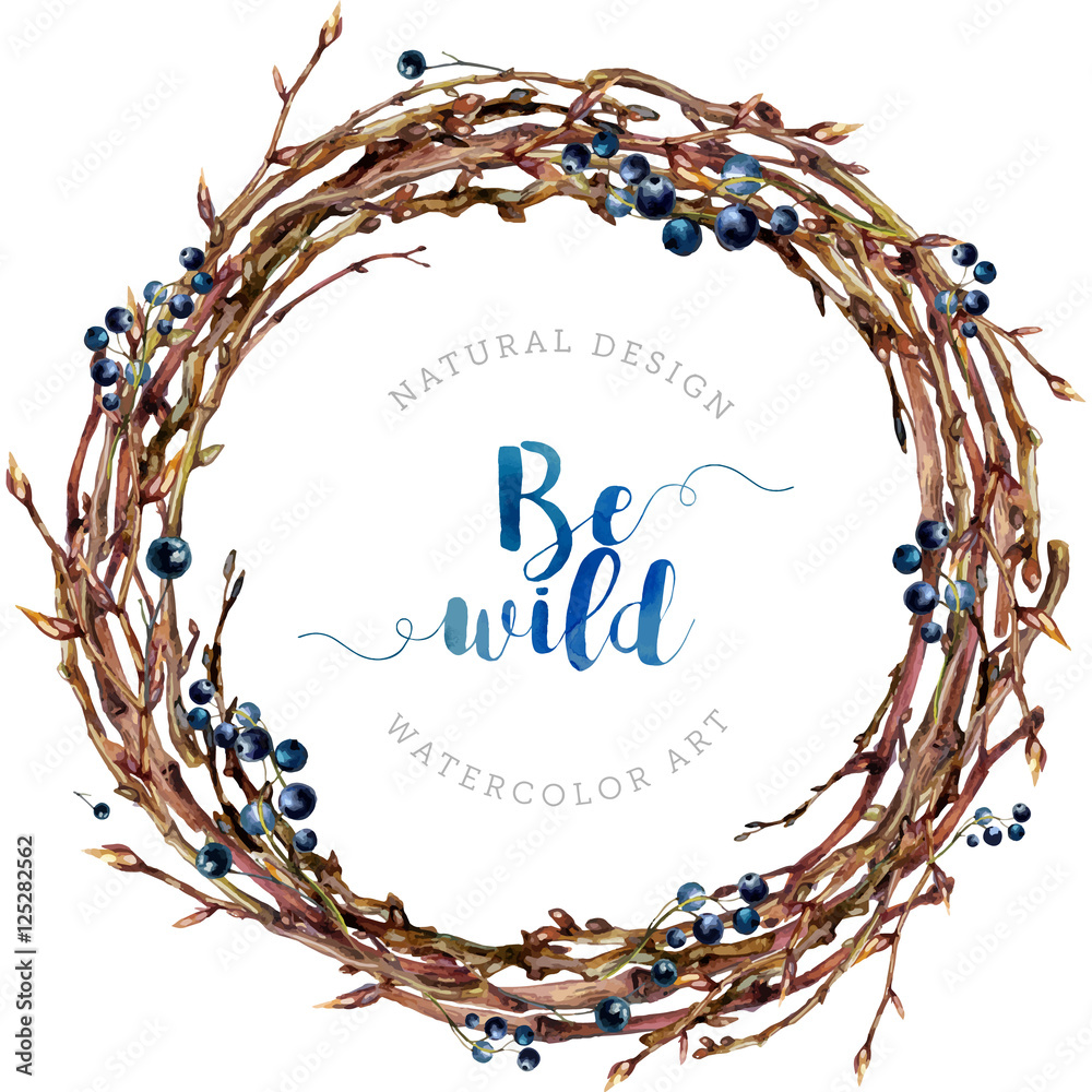 Φωτογραφία Watercolor Boho wreath made of twigs and berries.