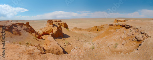 View on Bayanzag Flaming Cliffs on the Mongolian Gobi desert containing fossils of jurassic dinosaurs