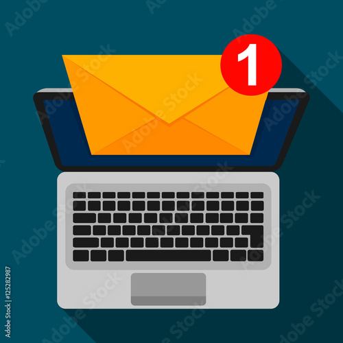 Laptop and envelope on screen with long shadow. E-mail concepts. Email marketing. Vector illustration flat design.