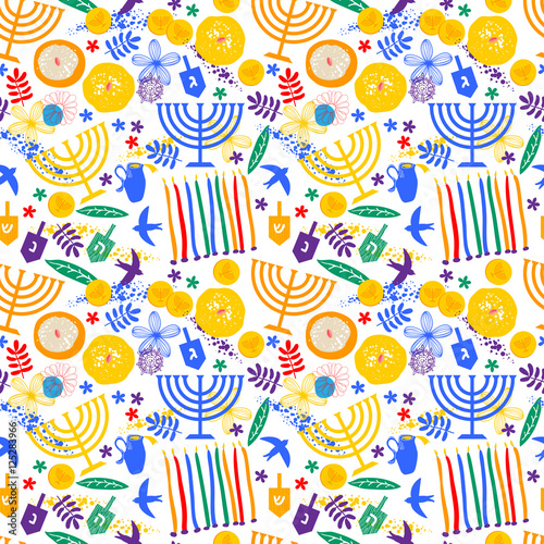 Seamless pattern with Jewish holiday Hanukkah symbols