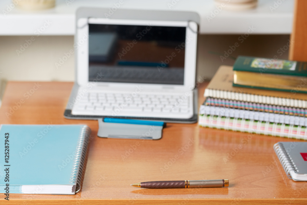 Office desk table with computer, supplies. Copy space for text Office desk table with computer, supplies. Copy space for text