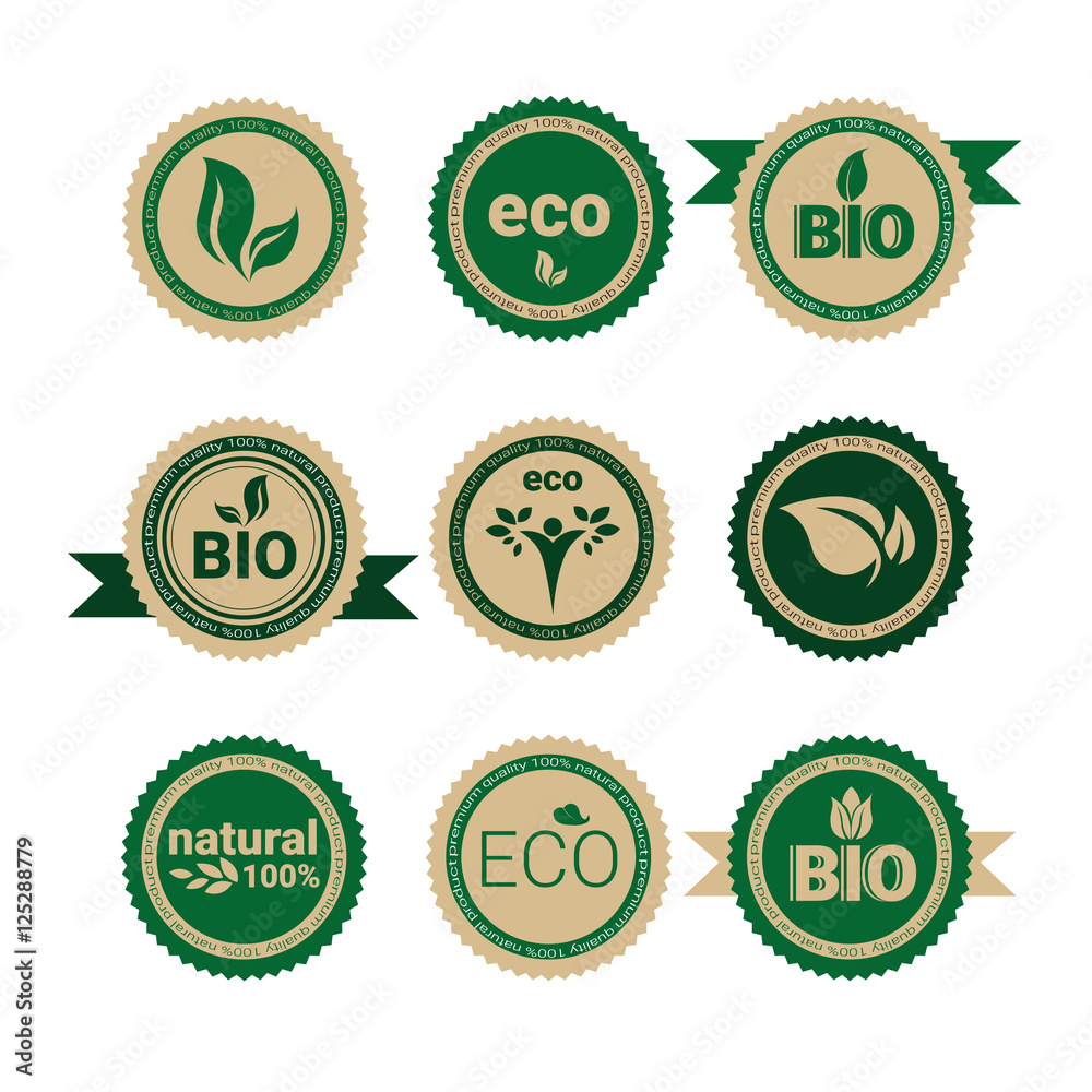 Eco Friendly Organic Natural Product Web Icon Set Retro Green Logo Flat Vector Illustration Eco Friendly Organic Natural Product Web Icon Set Retro Green Logo Flat Vector Illustration