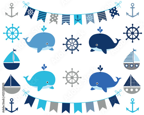 Nautical boy set in blue and grey - boats, whales