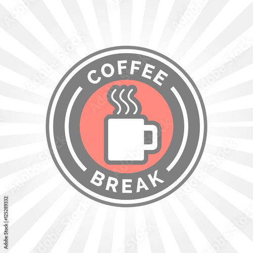 Coffee break time badge with hot steaming coffee mug icon silhouette. Vector illustration.