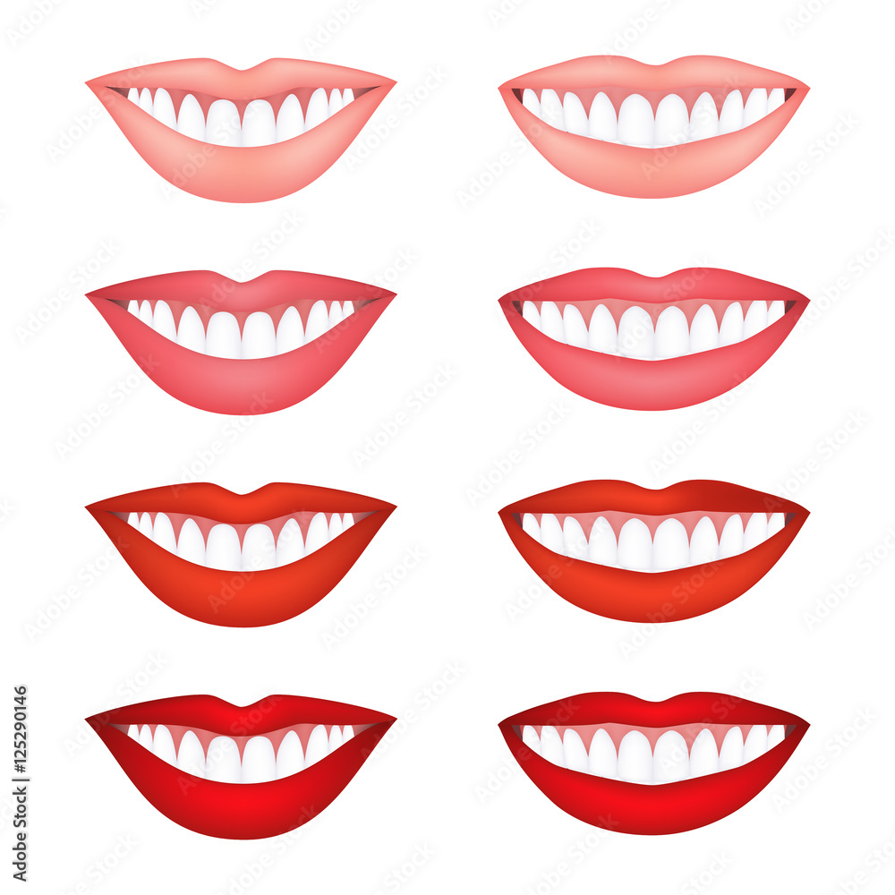 set of lipstick shades and smiling mouth with healthy teeth set of lipstick shades and smiling mouth with healthy teeth