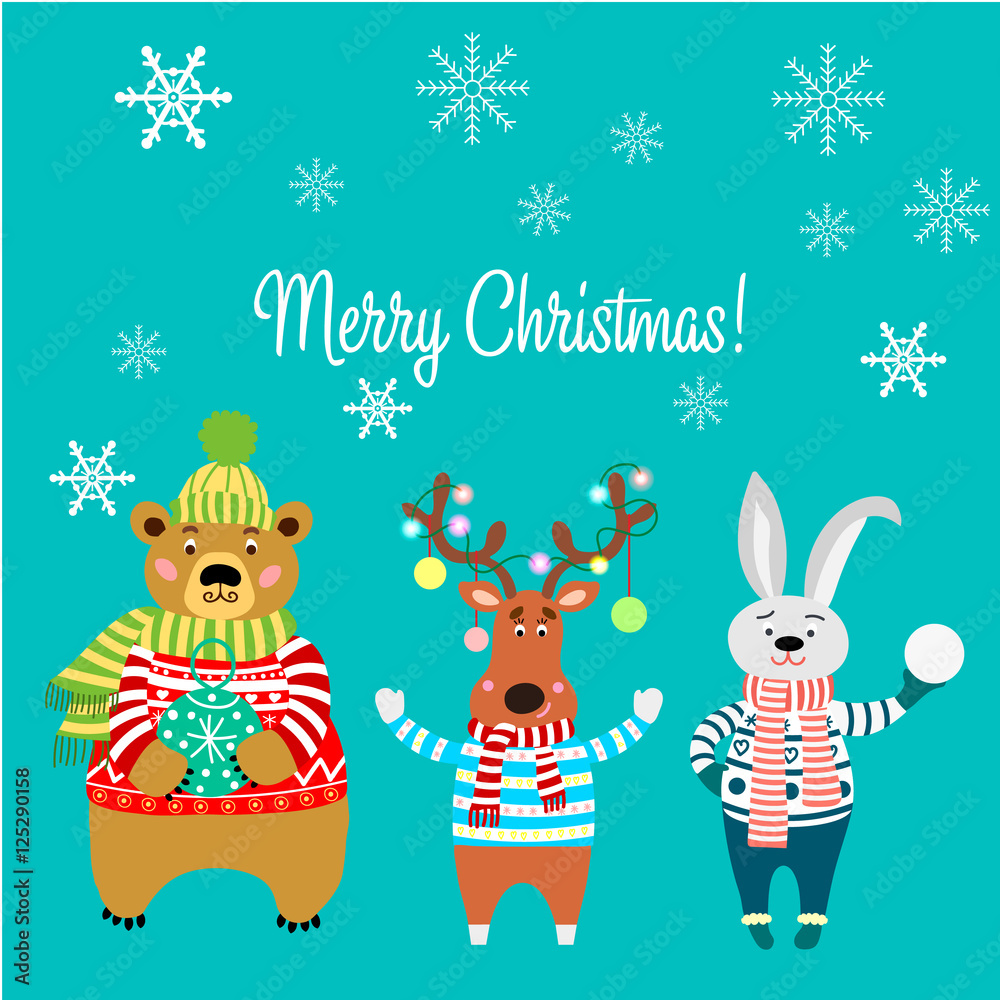 Merry Christmas, animals, bear wearing a sweater with snowflakes, rabbit, deer with lights and rabbit.