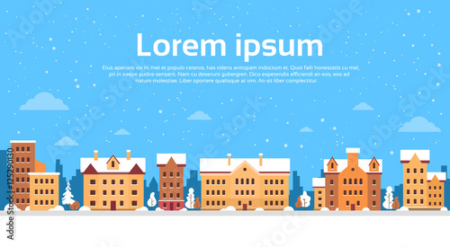 Winter City View Cityscape Snow Skyline Flat Vector Illustration