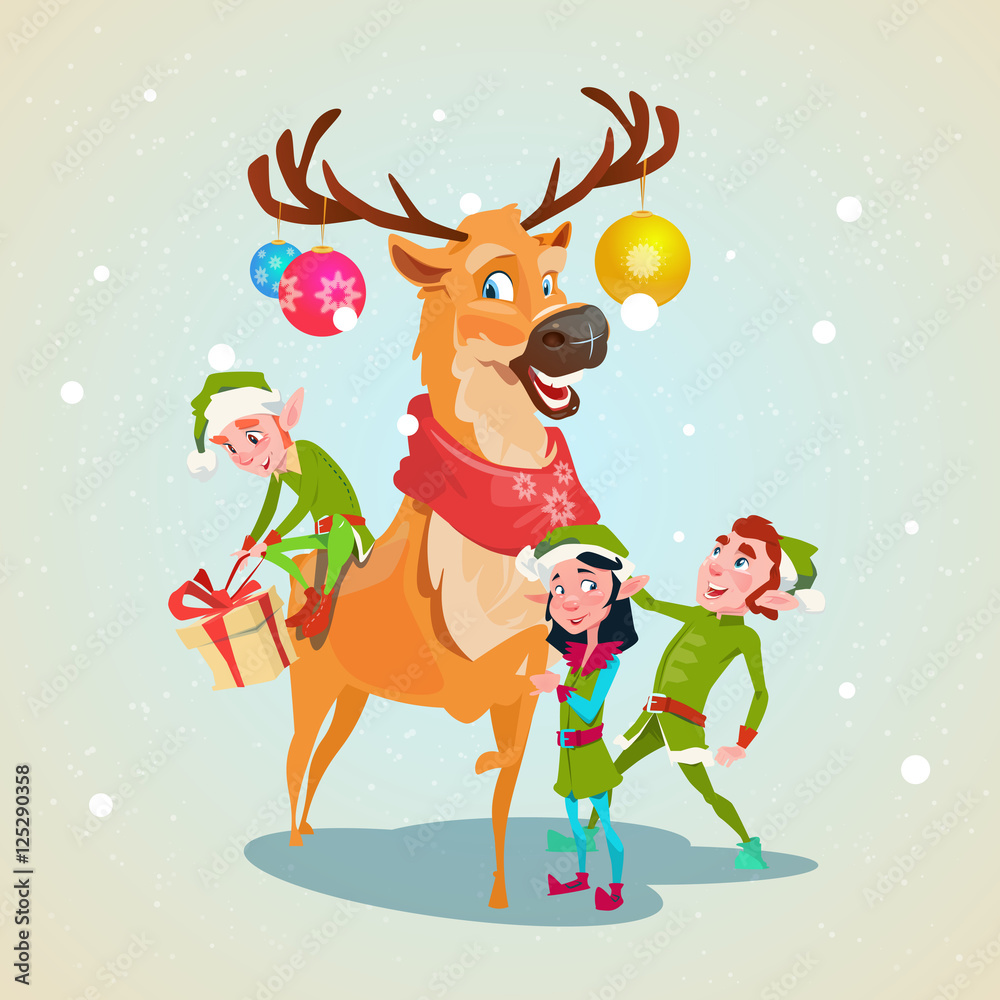 Naklejka premium Christmas Elf Group Reindeer Cartoon Character Santa Helper With Present Box Stack Flat Vector Illustration