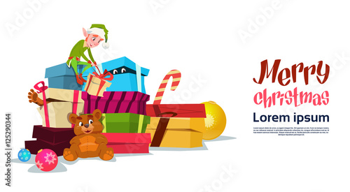 Christmas Elf Boy Cartoon Character Santa Helper Hold Many Present Box Flat Vector Illustration
