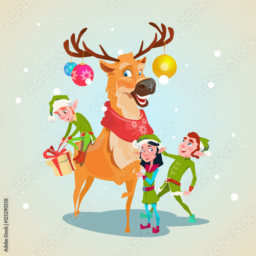 Christmas Elf Group Reindeer Cartoon Character Santa Helper With Present Box Stack Flat Vector Illustration