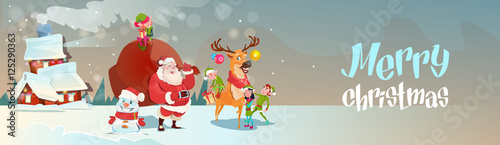 Santa Claus With Reindeer Elfs Gift Sack Coming To House Happy New Year Merry Christmas Banner Flat Vector Illustration