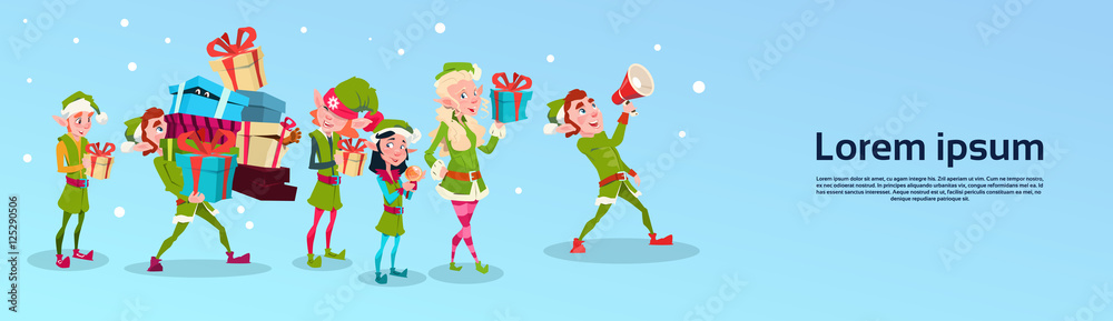 Fototapeta premium Christmas Elf Group Cartoon Character Santa Helper With Present Box Stack Flat Vector Illustration