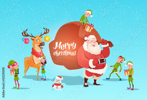 Santa Claus With Reindeer Elfs Gift Sack Happy New Year Merry Christmas Banner Flat Vector Illustration