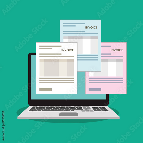 Invoice document and laptop icon. Business finanace payment and tax theme. Colorful design. Vector illustration