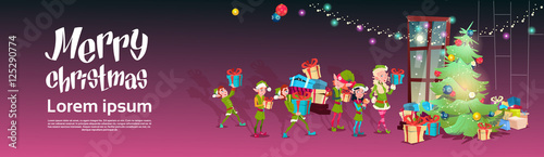 Green Elf Group Bring Presents To Christmas Tree Greeting Card Decoration Happy New Year Banner Flat Vector Illustration
