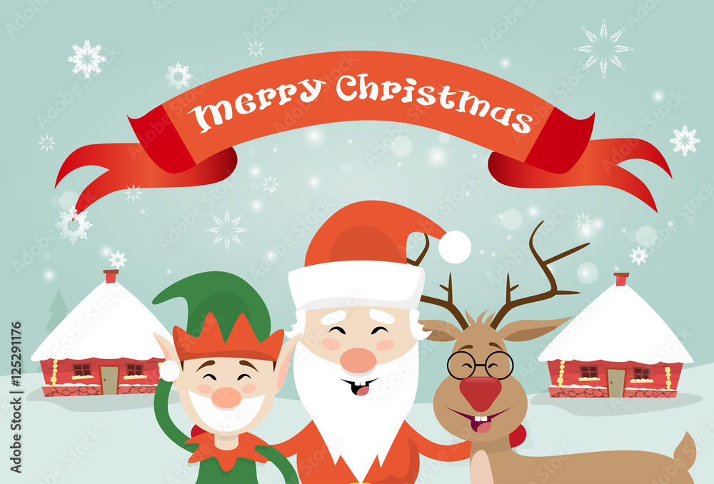 Merry Christmas Santa Clause Reindeer Elf Character Over Winter Snow House Village Poster Greeting Card Flat Vector Illustration Merry Christmas Santa Clause Reindeer Elf Character Over Winter Snow House Village Poster Greeting Card Flat Vector Illustration
