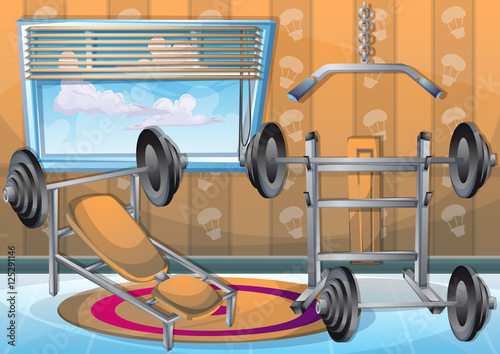 cartoon vector illustration interior fitness room with separated layers in 2d graphic