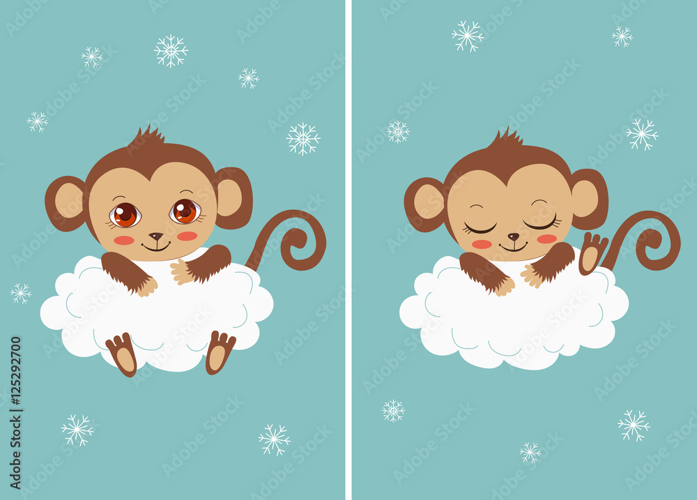 Cute Baby Monkey On A Cloud Sleeping And With Big Eyes Cartoon Vector Funky Monkey Symbol Of Good Luck Stock Vector Adobe Stock