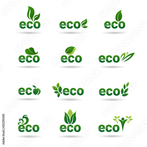 Eco Friendly Organic Natural Product Web Icon Set Green Logo Collection Flat Vector Illustration