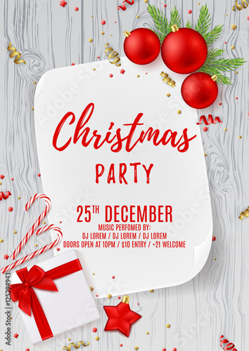 Merry Christmas party flyer. Top view on Xmas composition with gift box, golden confetti and red balls. Design of invitation to night club. Elegant vector illustration.
