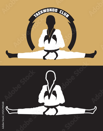 Karate club logo. Karate kid wearing white gi and black belt in a side split / side straddle / Chinese split, isolated