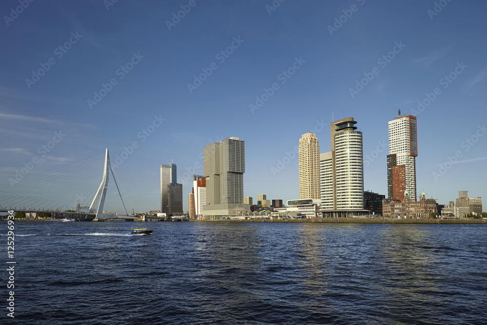 Rotterdam skyline with Erasmus Bridge. Rotterdam, South Holland,