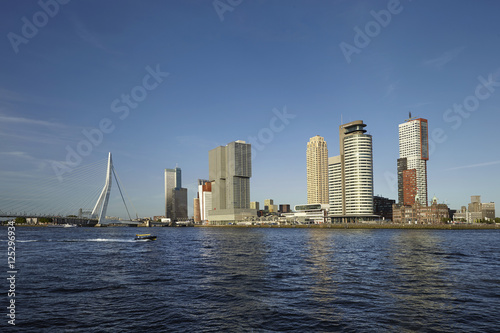 Rotterdam skyline with Erasmus Bridge. Rotterdam, South Holland,
