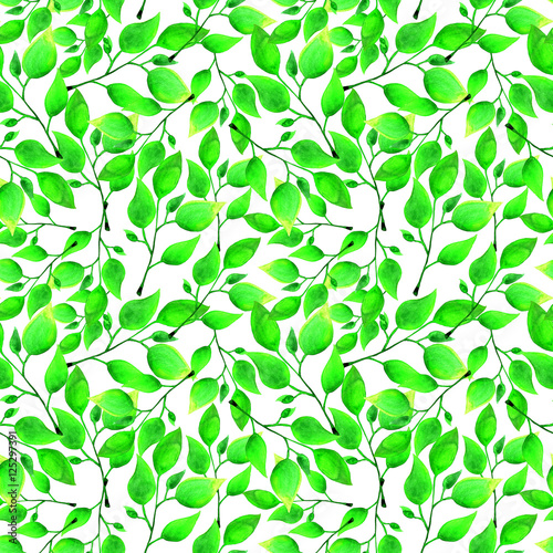 Seamless watercolor pattern with green leafs on white background. Endless artwork hand-drawn. Floral wallpaper summer plant