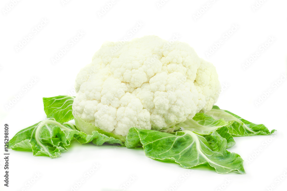 Cauliflower with green leaves isolated on white background Cauliflower with green leaves isolated on white background