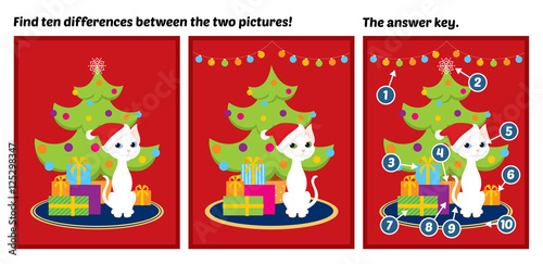 Spot the difference game with the answer key. Vector colorful illustration of a white cat sitting near a Christmas tree and gift boxes.