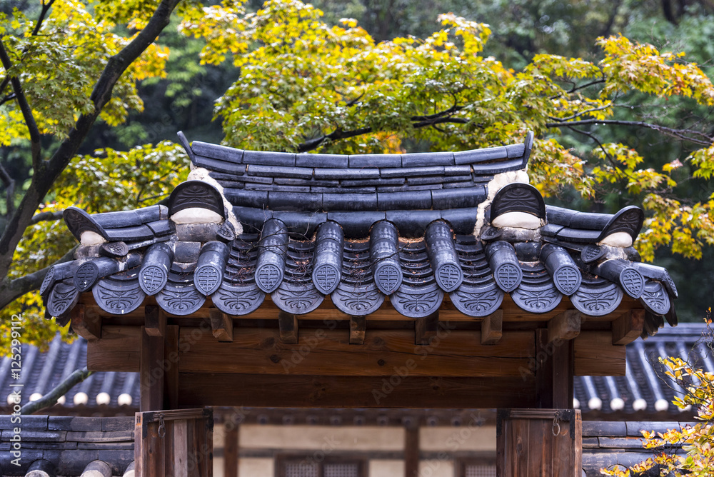 Fototapeta premium Deszcz w Seulu. Tradycyjna architektura koreańska.