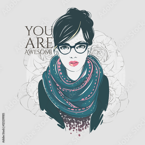 Beautiful hipster young women in a fashion jacket with scarf and glasses. Vector hand drawn illustration.