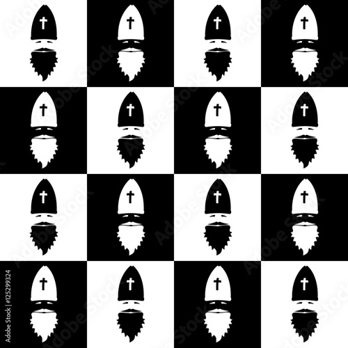 Christmas seamless pattern on chessboard background. New Year wallpaper. Winter black and white wrapping with Saint Nicholas.