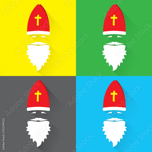 Flat Design Vector set of saint Nicolaus Face on green, black, yellow and blue background. Icon. Greeting Card.