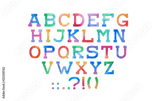 Colorful watercolor aquarelle font type handwritten hand draw abc alphabet letters