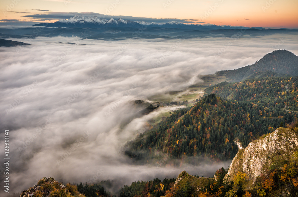 Morning sea of fog seen from Pieniny mountains, autumn, Poland