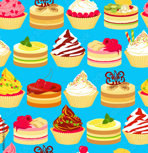 Seamless pattern with bright colorful cakes on blue background. Vector illustration