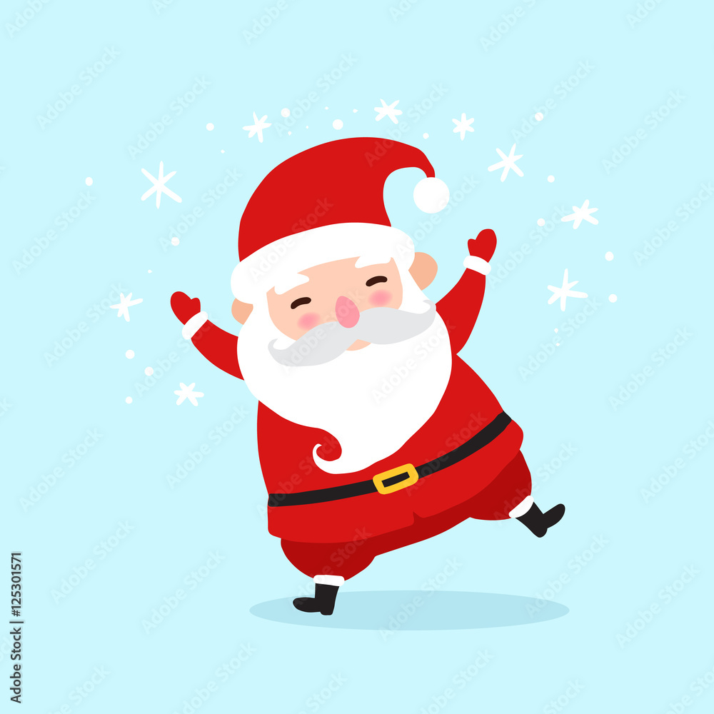 Dancing Santa Claus cartoon character icon isolated on blue background. Santa background for christmas greetings card, banner, poster, invitation. Vector illustration eps10 format.