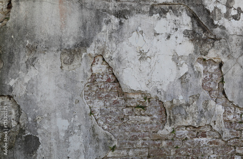 The crumbling plaster reveals an old brick wall underneath.