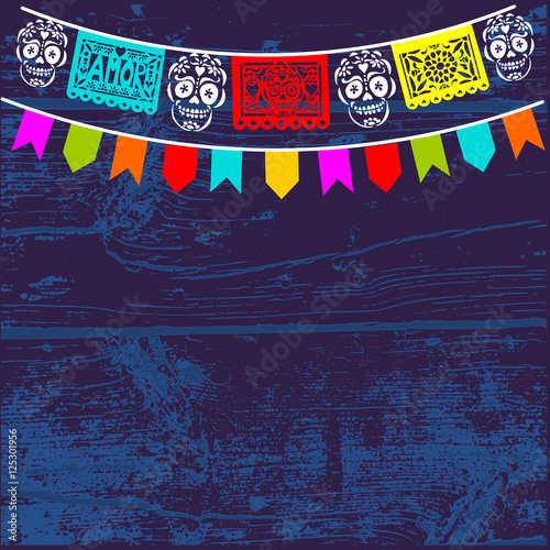 Dia de Los Muertos, Mexican Day of the Dead background with paper cut flags, vector illustration.