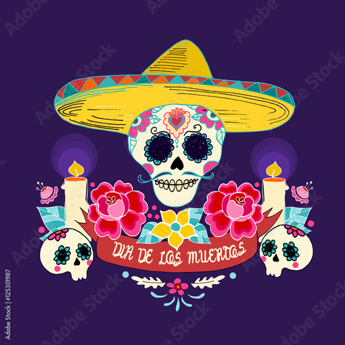Mexican Dia de los Muertos (Day of the Dead) skull with flowersand candles, hand drawn vector illustration.
