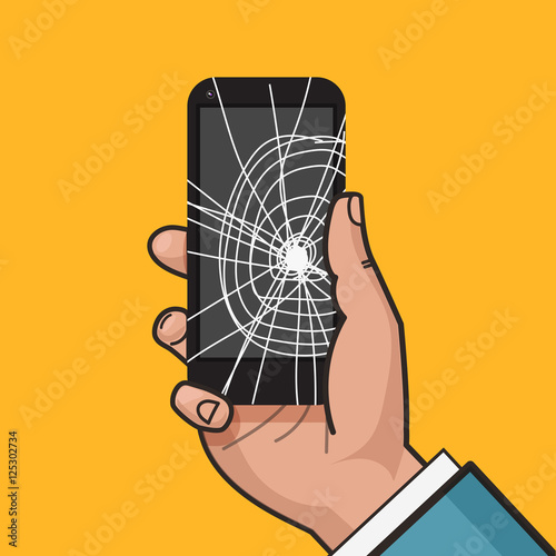 Smartphone with a cracked screen in a man's hand. Broken phone. Crack on screen. Vector illustration. Pop art style