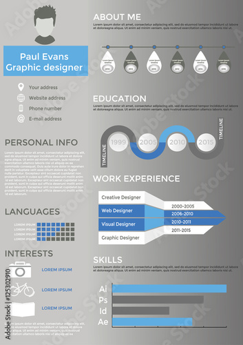 Flat resume info graphic design on grey background. Resume cv set with Infographics and Timeline. Clean vector