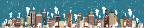 Vector illustration. Winter urban landscape. City with snow. Christmas and new year. Cityscape. Buildings.