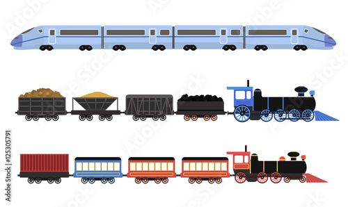 Collection of railway locomotives, passengers wagons and speed trains