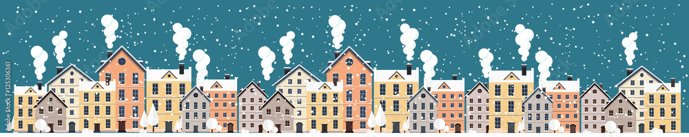 Vector illustration. Winter urban landscape. City with snow. Christmas and new year. Cityscape. Buildings.