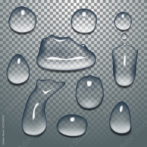 Set of clear water drops, realistic and pure, contrast and oily,
