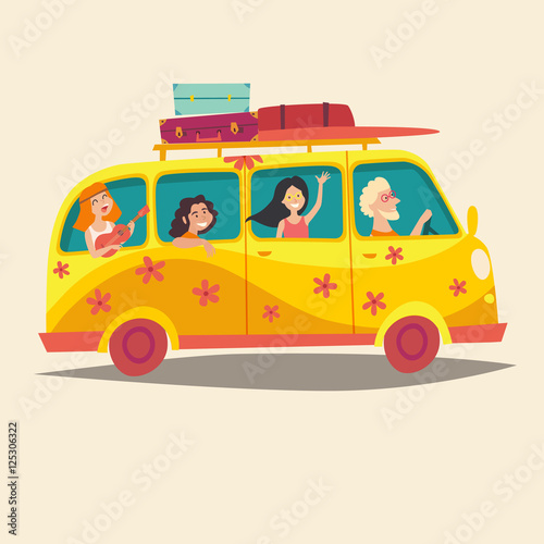Bus with traveling happy people. Hippie on  camper bus. Woodstock lifestyle. Cartoon style vector illustration, isolated
