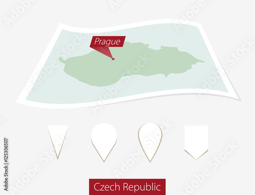 Curved paper map of Czech Republic with capital Prague on Gray Background. Four different Map pin set. Vector Illustration.